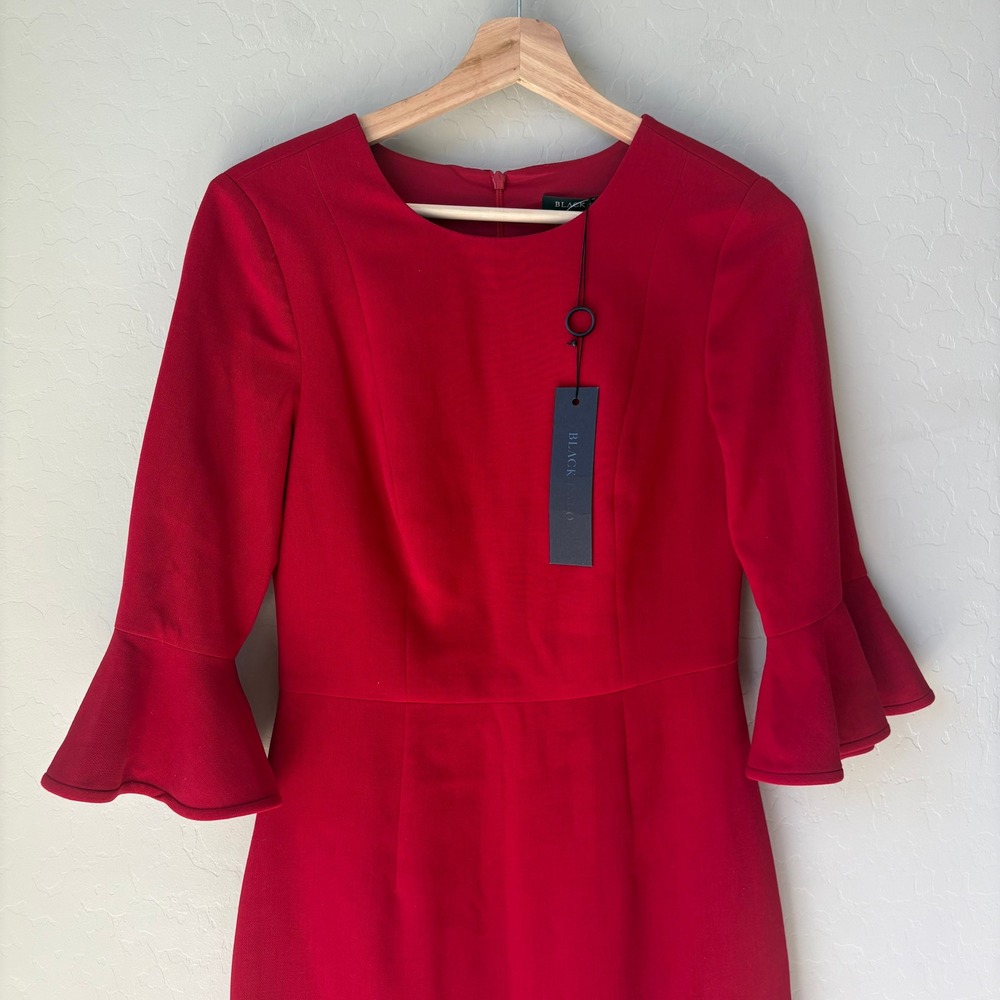 NEW Black Halo Dress Brooklyn Red Bell Sleeve Ruffle Hem Sheath Dress Size 4 - Picture 3 of 8